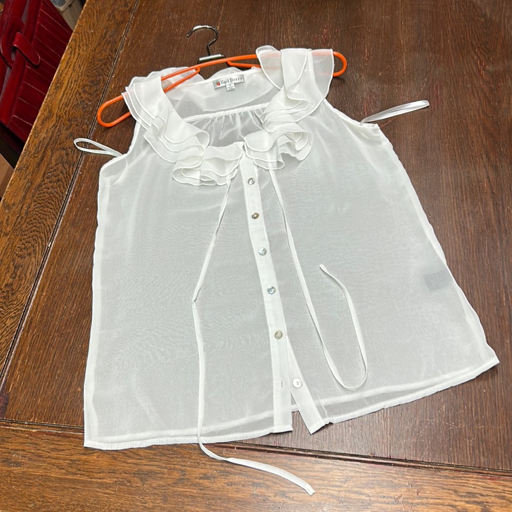 Red Berry White Sheer Sleeveless Blouse Tank Top M